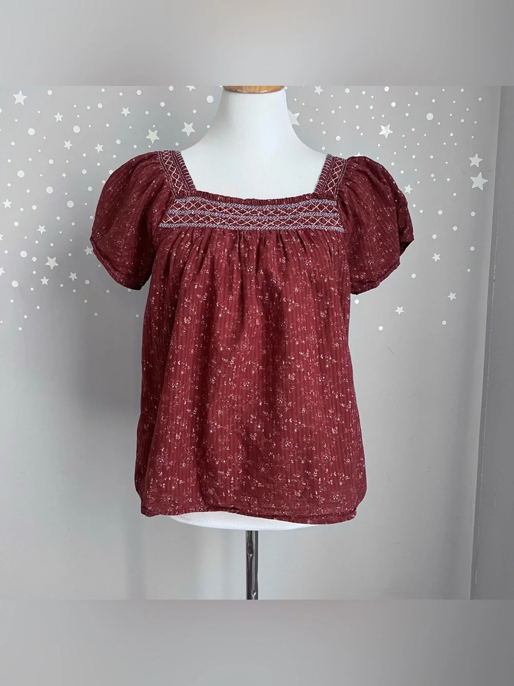 Madewell Square Neck Smocked Top XS Rusted Burgundy Floral Puff Sleeve Cotton
